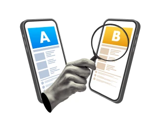 two cell phones with a magnifying glass comparing 'a' and 'b'