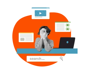 woman peeking through hands surrounded by website section metrics