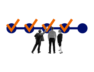 People standing in front of a timeline checkmarking spots along the way